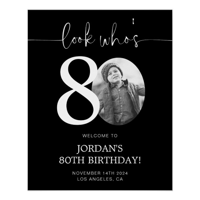 Black 80th Birthday Welcome Sign | Look Who's 80 (Front)