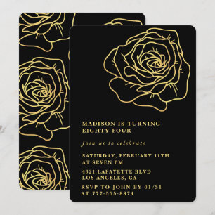 Black 84th birthday invitations Gold Floral