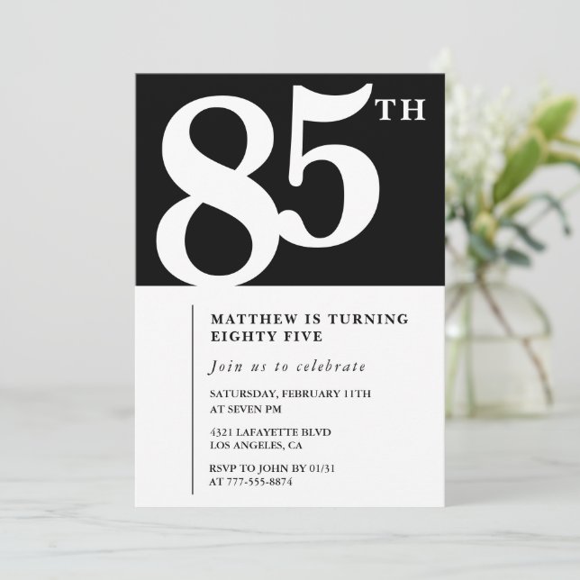 Black 85th birthday invitation Elegant Chic Simple (Standing Front)