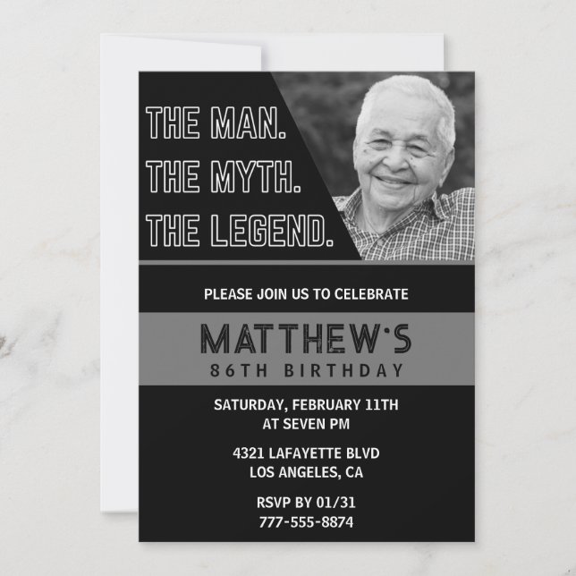 Black 86th birthday invitations The Man The Legend (Front)