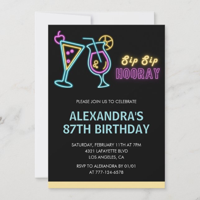 Black 87th birthday invitations Cocktail Neon Glow (Front)
