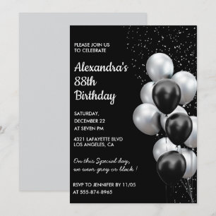 Black 88th birthday invitations Balloons Silver