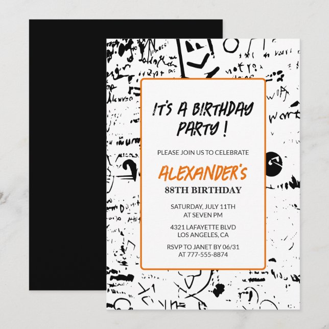 Black 88th birthday invitations Men Graffiti  (Front/Back)