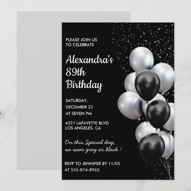 Black 89th birthday invitations Balloons Silver (Front/Back)