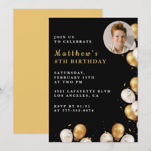 Black 8th birthday invitation Gold Balloon Photo 