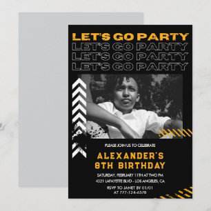 Black 8th birthday invitations Boy Photo Spray