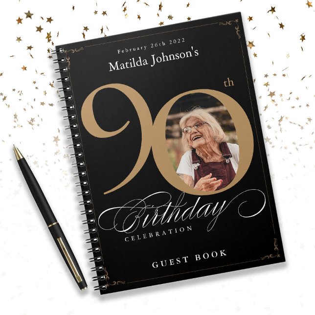 Black 90th Birthday Gold Elegant Script Guestbook Notebook (Black 90th Birthday Gold Elegant Script Guestbook Notebook)