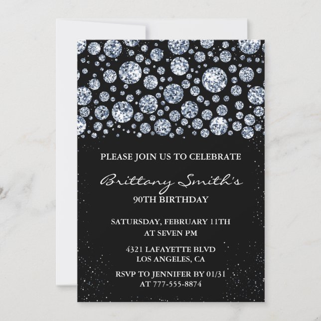 Black 90th birthday invitation Diamond Glitter (Front)
