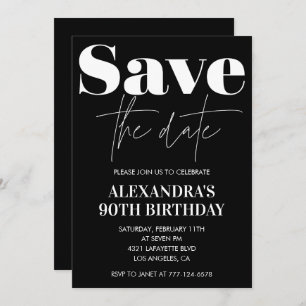 Black 90th birthday invitation Save the date White