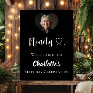 Black 90th birthday party photo heart welcome poster