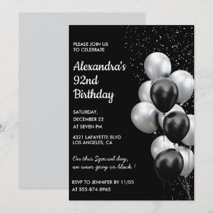 Black 92nd birthday invitations Balloons Silver