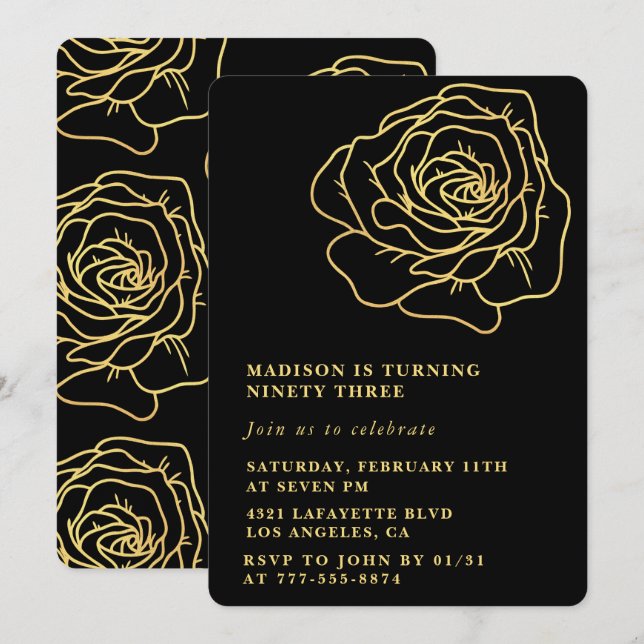 Black 93rd birthday invitations Gold Floral (Front/Back)