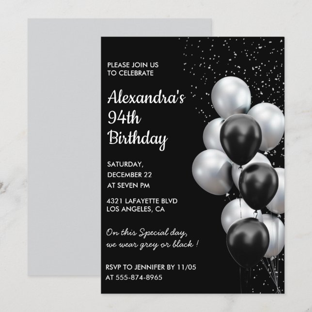 Black 94th birthday invitations Balloons Silver (Front/Back)