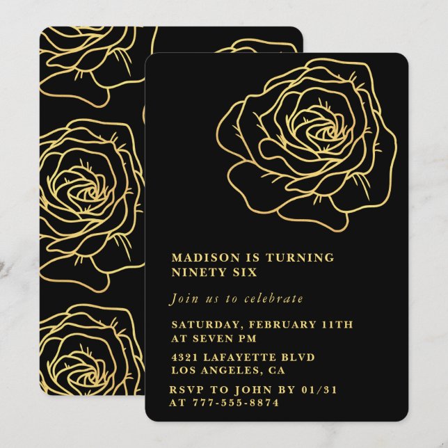 Black 96th birthday invitations Gold Floral (Front/Back)