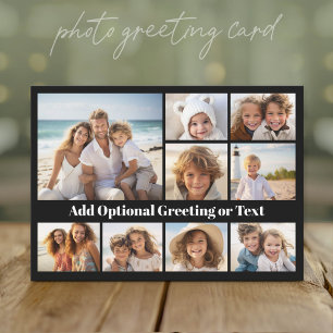 Black 9 Photo Collage - white text - trendy grid Holiday Card