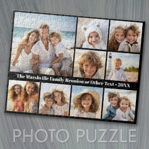 Black 9 Photo Collage - white text - trendy grid Jigsaw Puzzle