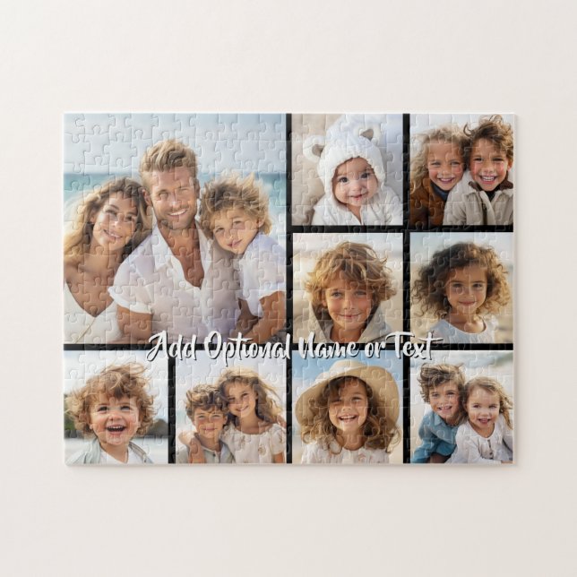 Black 9 Photo Square Collage - with script white Jigsaw Puzzle (Horizontal)