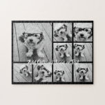 Black 9 Photo Square Collage - with script white Jigsaw Puzzle<br><div class="desc">You can use square or selfie photos for this design. Use eight square photos to create a unique and personal gift. Or you can keep the hipster puppy and make a trendy keepsake. If you need to adjust the pictures,  click on the customize tool to make changes.</div>