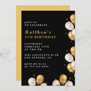 Black 9th birthday invitations Gold Balloon Boy