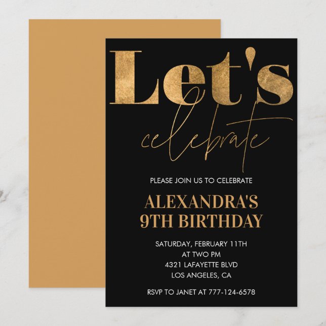 Black 9th birthday invitations Gold Elegant (Front/Back)