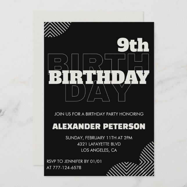 Black 9th birthday invitations Party Boy (Front/Back)