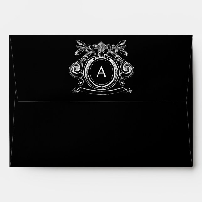 Black A7 Scrollwork Monogram Crest Envelopes (Back (Top Flap))