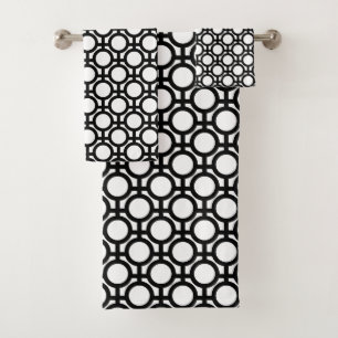 Black Abstract Circles and Lines on White Bath Towel Set