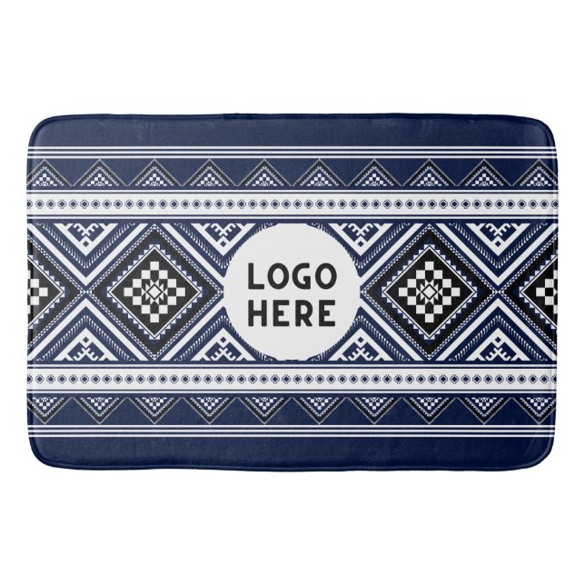 Black Abstract Ethnic Geometric Patterns with Logo Bath Mat (Front)