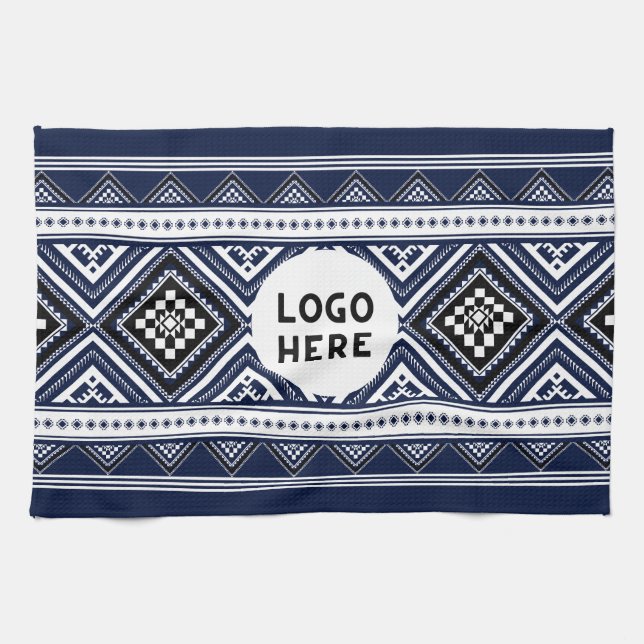 Black Abstract Ethnic Geometric Patterns with Logo Tea Towel (Horizontal)