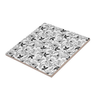 Black Abstract Floral on White Background Tile