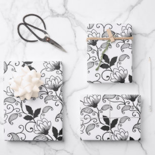 Black Abstract Floral on White Wrapping Paper Sheet