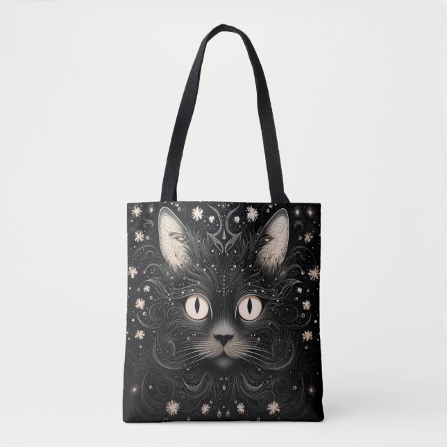 Black Abstract Modern Cat Graphic Tote (Front)