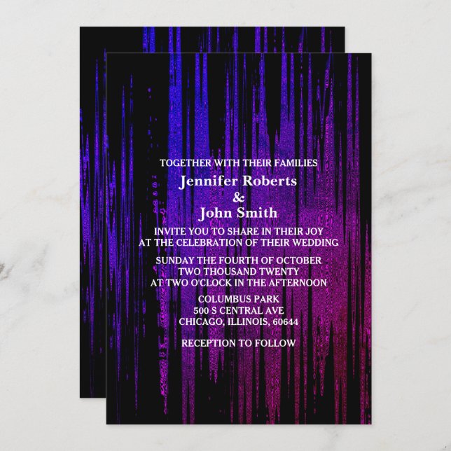 Black Abstract Purple Blue Artsy Elegant Wedding Invitation (Front/Back)