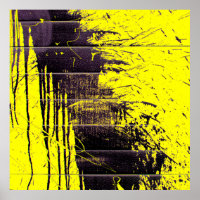 Black abstract splatter paint drips on a bright ye