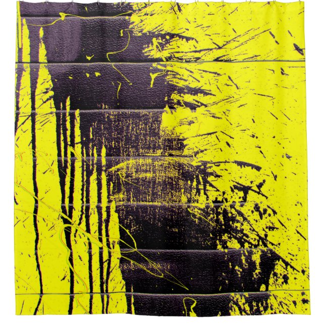 Black abstract splatter paint drips on a bright ye shower curtain (Front)