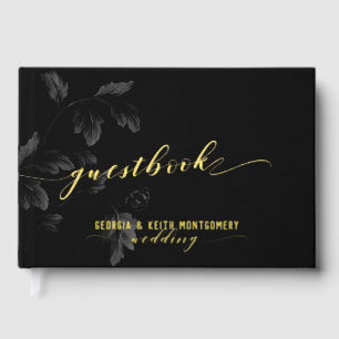 Black Acanthus Leaf Gold Script Elegant Wedding Guest Book