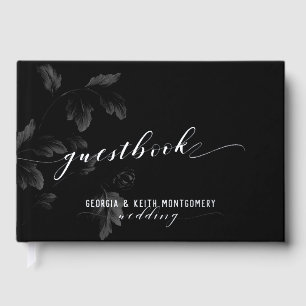 Black Acanthus Leaf Silver Script Elegant Wedding  Guest Book