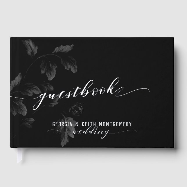 Black Acanthus Leaf Silver Script Elegant Wedding  Guest Book (Front)