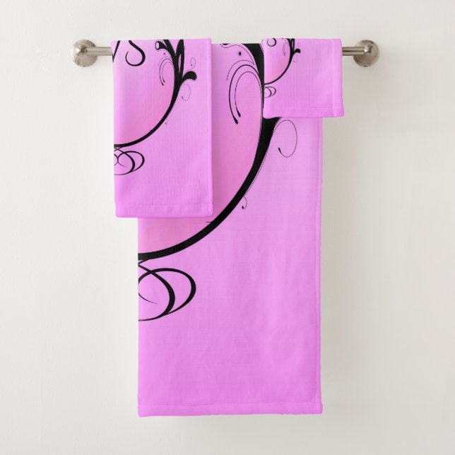 Black Accent on Pink Monogram Bath Towel Set (Insitu)