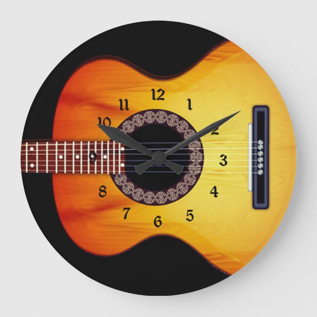 Black Acoustic Guitar Round Large Clock (Front)