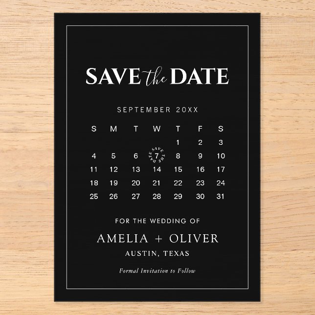Black Acrylic Calendar Minimalist Save the Date Invitations (Front)