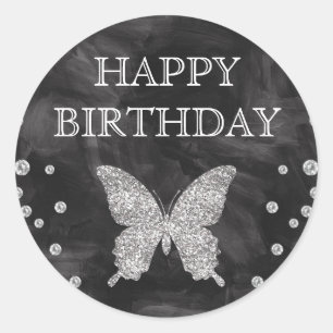 Black Acrylic & Silver Glitter Butterfly Birthday Classic Round Sticker