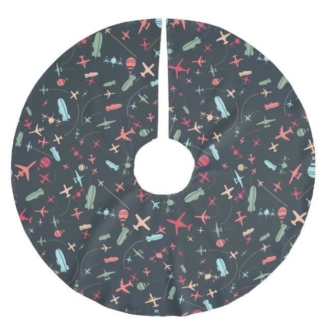 Black Aeroplane and Aviation Pattern Brushed Polyester Tree Skirt (Front)