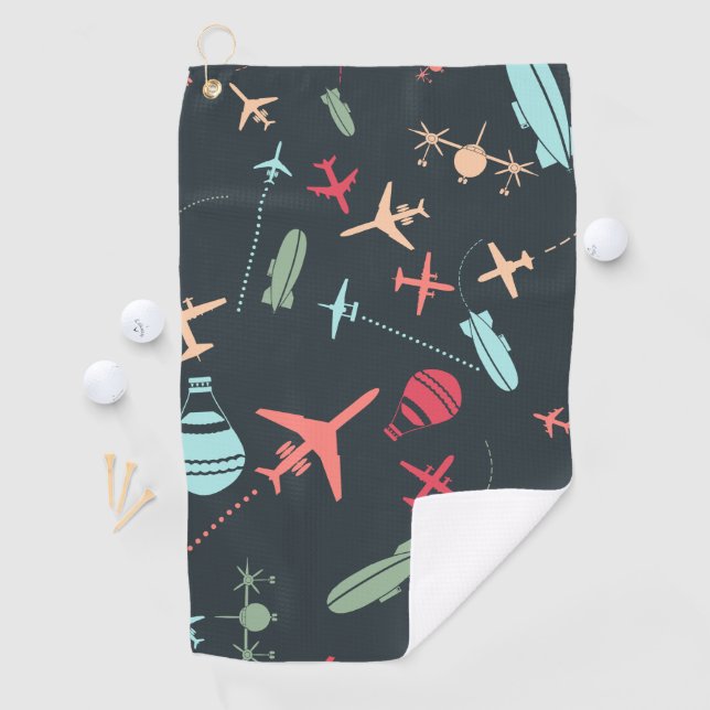 Black Aeroplane and Aviation Pattern Golf Towel (InSitu)