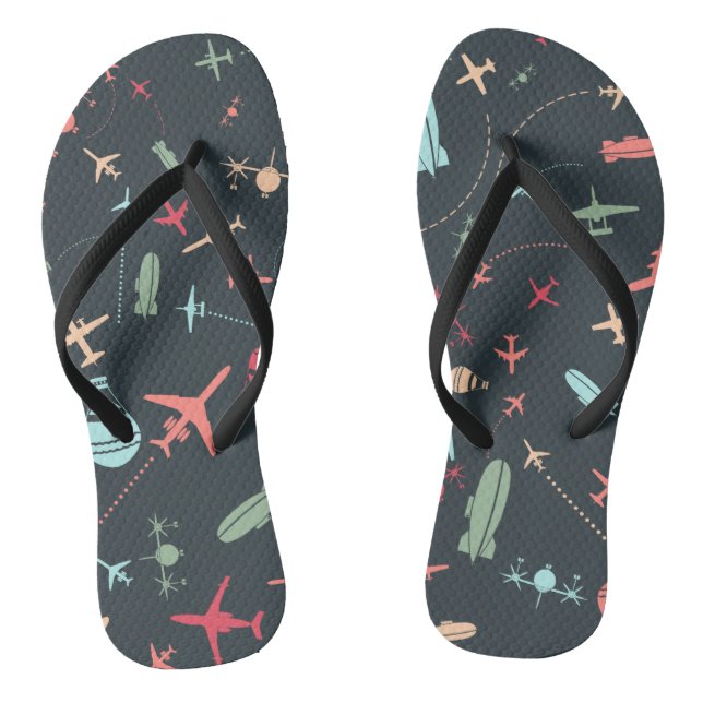 Black Aeroplane and Aviation Pattern Jandals (Footbed)