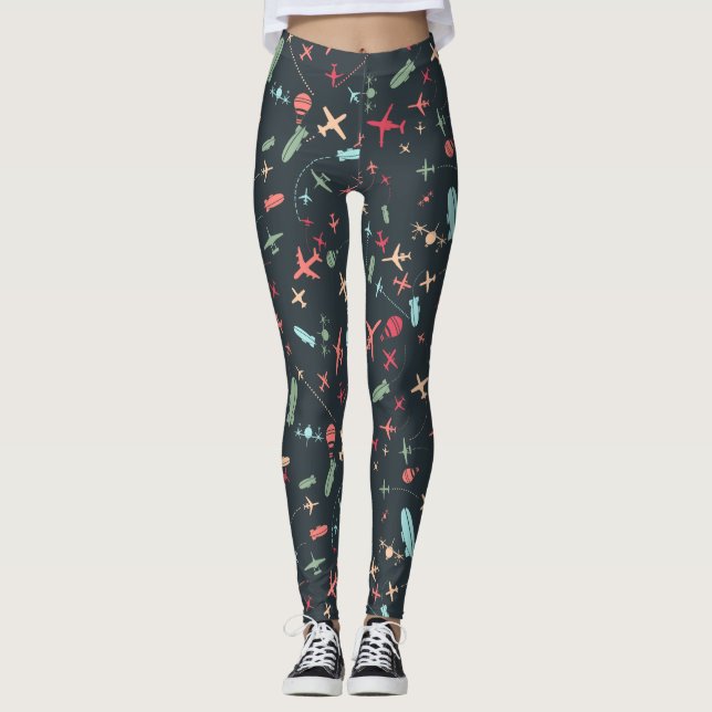 Black Aeroplane and Aviation Pattern Leggings (Front)