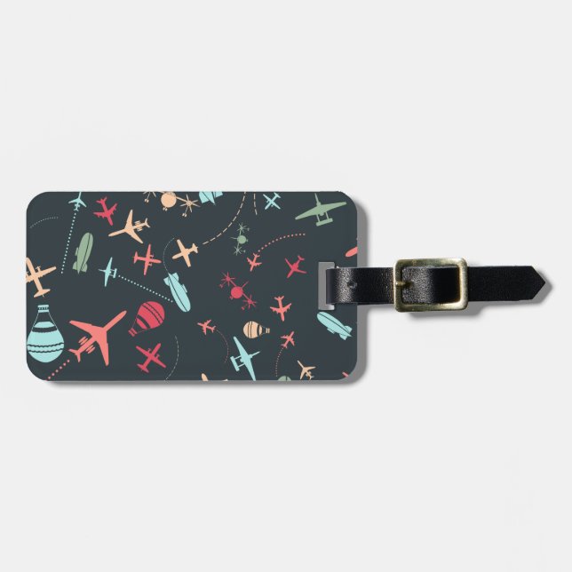 Black Aeroplane and Aviation Pattern Luggage Tag (Front Horizontal)