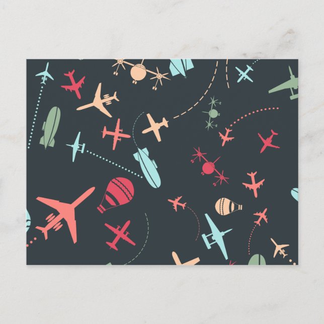 Black Aeroplane and Aviation Pattern Postcard (Front)