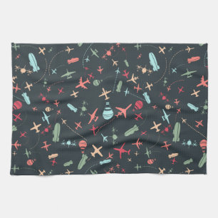 Black Aeroplane and Aviation Pattern Tea Towel