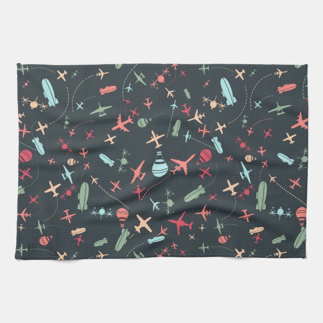 Black Aeroplane and Aviation Pattern Tea Towel (Horizontal)